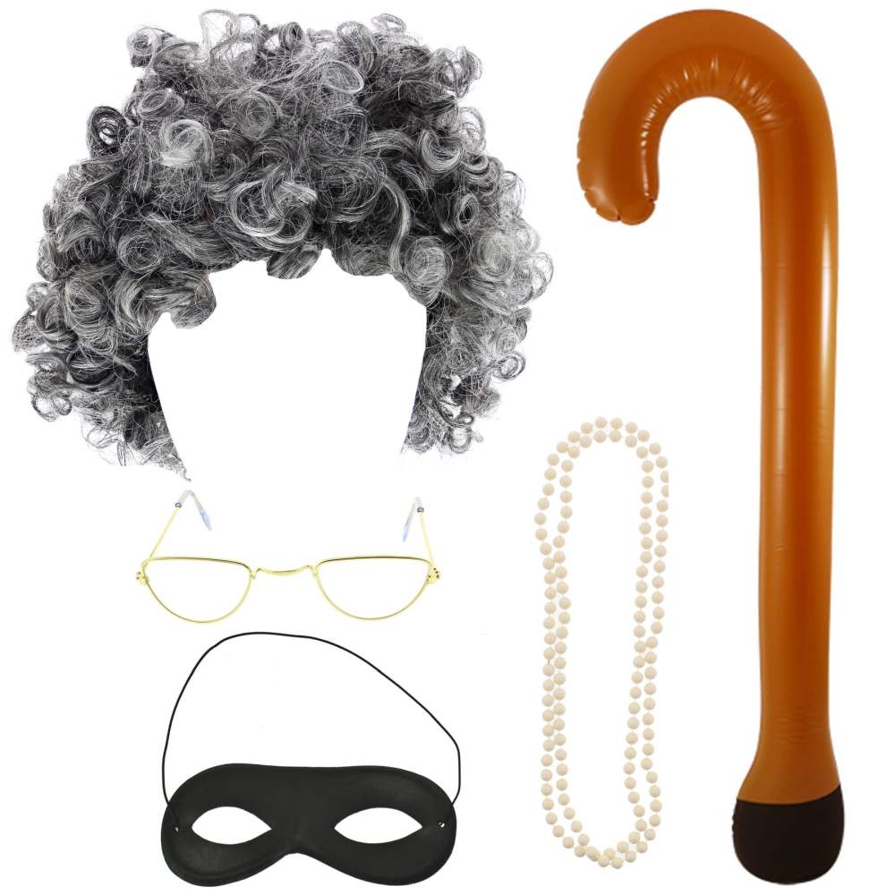 Zac's Alter Ego - 5 Piece Granny Kit Gangster Granny Wig, Bead Necklace, Glasses & Mask Ensemble d'accessoires de costume - Multicolore
